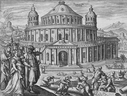 Templo de Artemisa en Éfeso, grabado de Crispijn van de Passe incluido en "Las Siete Maravillas del Mundo Antiguo" (1614)