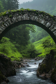 An ancient stone bridge rises gracefully over a flowing river, set in a misty green valley that evokes endurance and timeless connection