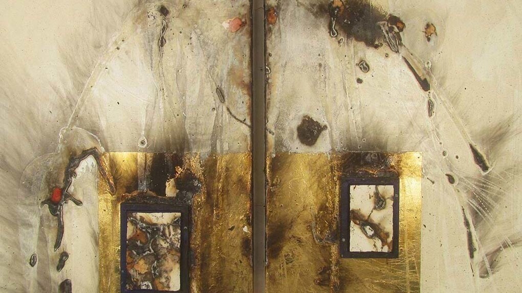 Michael Dominick, The Last Binghamton Diptych, 2014, Oil,iron and mixed on charred paper, 34" x 45"