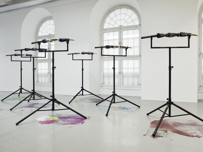 Timur Si-Qin, Axe Effect, 2011-13, Axe bodywash bottles, katana swords, tripods, Courtesy the artist and Société, Berlin
