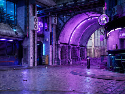 Hyper-realistic 3D render of a neon-lit cyberpunk street at night, featuring futuristic architecture, glowing billboards, and rain-soaked pavement reflections