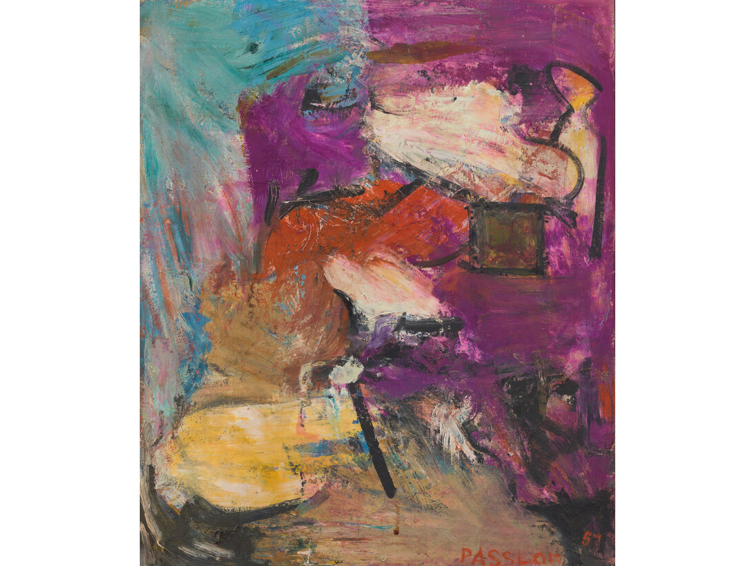 Pat Passlof, Theater, 1957, oil on canvas board, 24 x 20 inches