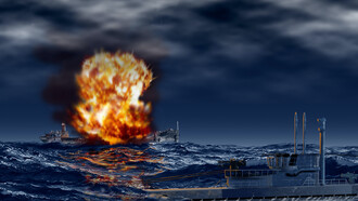 Ilustración de Carlos Adrián Garcia que refleja el ataque del U502 al «Monagas» el 16 de febrero de 1942