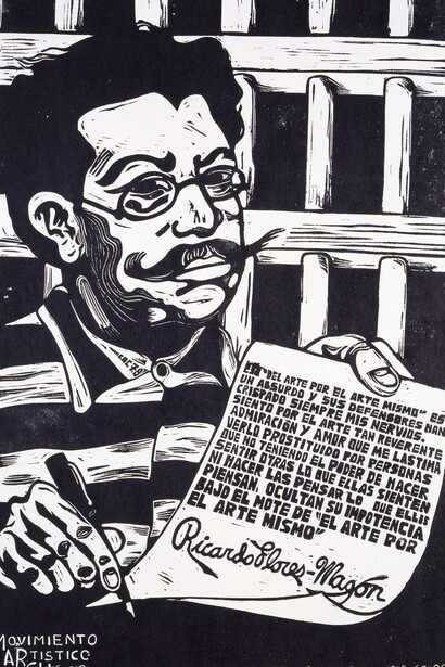 Carlos A. Cortéz, Ricardo Flores-Magón (detail), 1978, linocut on paper, Museum purchase, 1993.13.4. Courtesy of H’Art Museum