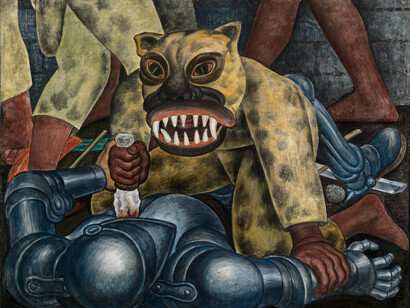 Diego Rivera, *Indian warrior*, 1931. La obra es una representación de un guerrero azteca que lleva el traje de un jaguar apuñala a un conquistador acorazado en la garganta con un cuchillo de piedra 