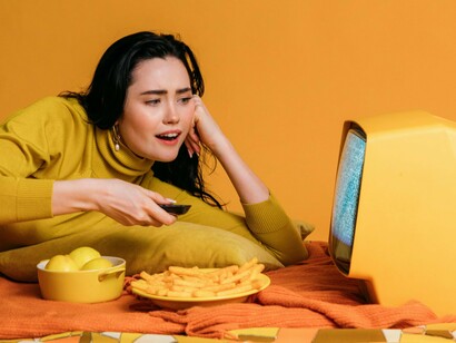 A lady casually flipping through channels, representing the search for emotional familiarity through media