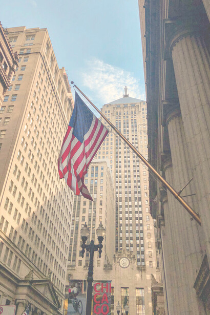 American flag seen on a street in Downtown Chicago, USA