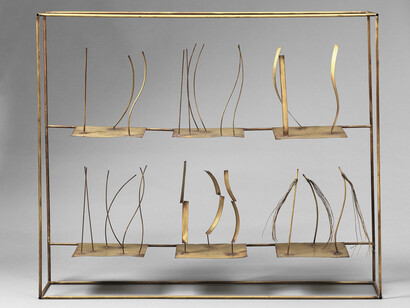 Fausto Melotti 1901–1986
Tema e Variazioni IX, 1980 (1986)
Signed (on a label on the base); signed (on the reverse)
Brass
94.5 x 114 x 20.5 cm
37 1/4 x 44 7/8 x 8 1/8 in
Courtesy Mazzoleni