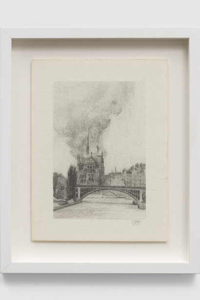 Frances Waite,
Notre-Dame on Fire, 2019,
graphite on paper,
12 x 9 in.,
16 x 13 x 1⅛ in. (framed). Courtesy of the artist and Rusha & Co.