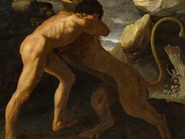 Francisco de Zurbarán, Ercole che lotta contro il leone di Nemea, olio su tela, 1634, Museo del Prado, Madrid, Spagna