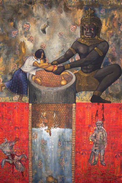 Leang Seckon, Flooding Pot, Falling Gourd, 2014, mixed media and collage on canvas, 200 x 150 cm (79 x 59 in)