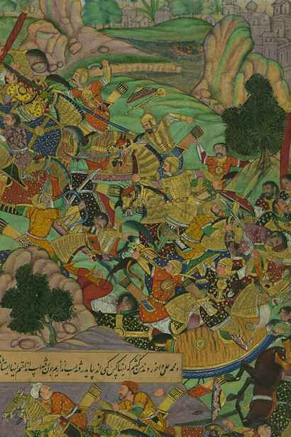 “Babur Confronts His Enemies in the Mountains of Kharābūk and Pashāmūn,” illustration from a late 16th-century manuscript of the Baburnama (Memoirs of Babur)
