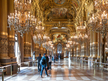 Paris, Île-de-France, France: The Palais Garnier showcases unmatched opulence with its dazzling golden interiors and historic grandeur