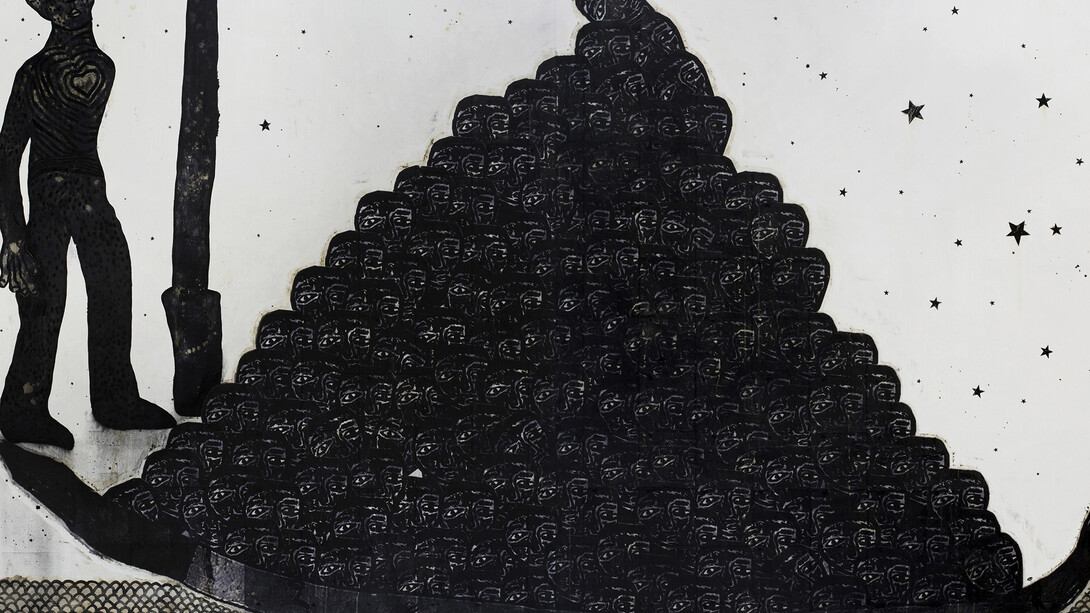 Sadik Kwaish Alfraji, Don't Put All Your Dreams in One Boat, 2014, Indian ink, charcoal on canvas, 270 x 390 cm