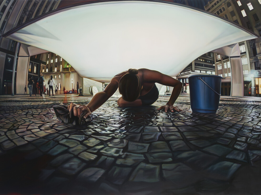 Ana Teresa Fernandez, Untitled (performance documentation in São Paulo Brazil in Plaza Patriarca), 2015, Oil on canvas, 56 x 84 inches (142 x 213 cm), Courtesy of the Artist and Gallery Wendi Norris, San Francisco. 