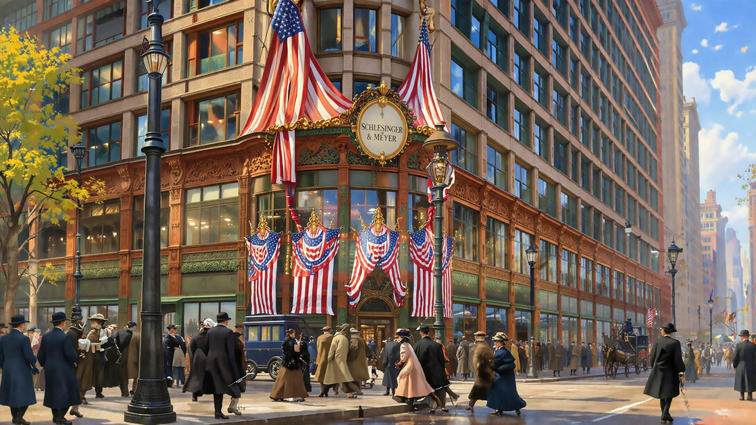 Exterior view of the Carson Pirie Scott & Co. department store building, located at the southeast corner of South State and East Madison Streets in Chicago’s Loop, decorated with bunting and flags in celebration of Abraham Lincoln’s 100th birthday (1909)