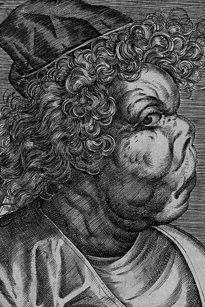 Frau Gruniacula, a character with a grotesque face. Line engraving attributed to D. Custos