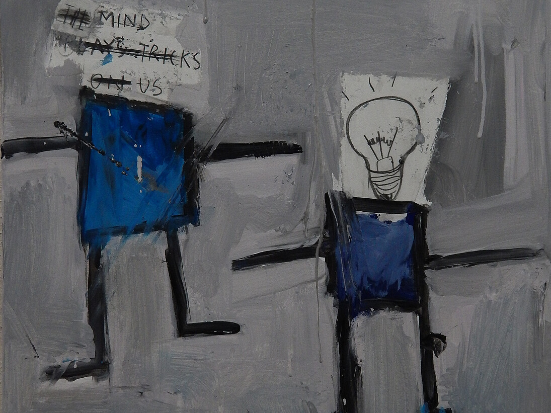 Rocco Cardinale, The Mind is a Slave, Acrylic, Oil, Graphite & Collage on Canvas, 28.5” x 23.5”, Courtesy of Agora Gallery 