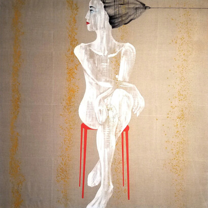 Jason Noushin, Turmeric II, 2018, oil, shellac, pencil and turmeric on linen, 48 x 48 inches. 