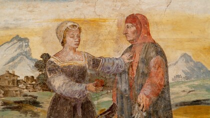 Arquà Petrarca, "Petrarca e Laura" in un affresco nella casa del Petrarca, Arezzo, Italia