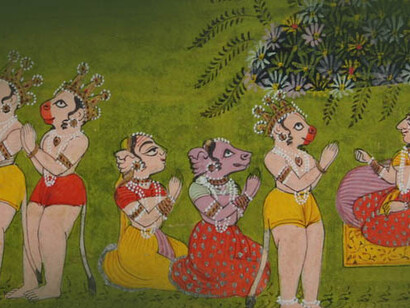 A folio from a Ramayana manuscript featuring Devanagari script, created in Marwar around 1790, rendered in gouache and gold on paper