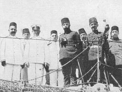 Ahmet Cemil Pasha, holding field glasses, on board SMS Goeben in August 1914