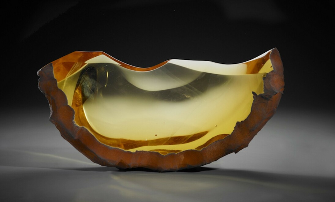 Alex Gabriel Bernstein, Gold half moon, 2023, cast and cut glass, fused steel, 14x24x4 inches