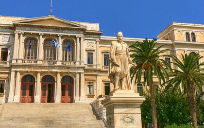 The Ermoupoli Town Hall in Miaouli Square, Syros, representing the elegance and grandeur of the island's historic civic architecture