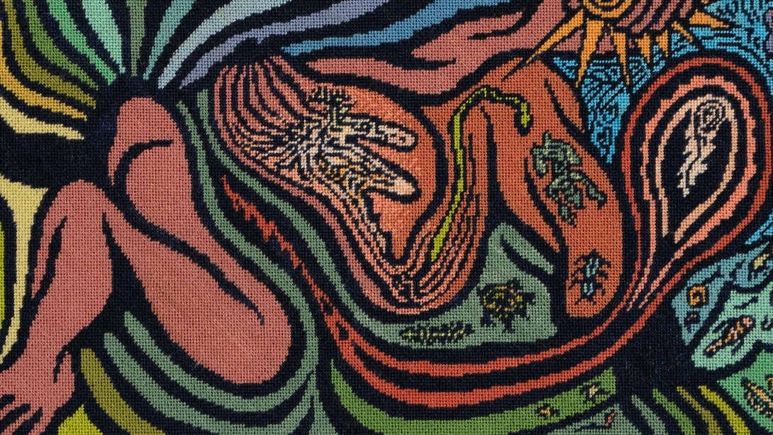 Judy Chicago, Bigamy hood (detail), 2022, Mixed media on stamped aluminum form, 13.25 x 15.25 x 0.75 in, 33.66 x 38.74 x 1.91 cm, © Chicago Woodman LLC, Judy Chicago/Artist Rights Society (ARS), New York; Photo © Chicago Woodman LLC; Donald Woodman/Artists Rights Society, New York