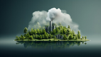 In the midst of a lush green forest, a factory disrupts the pristine environment with its polluting emissions