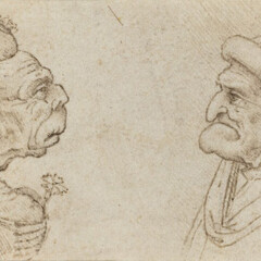 Leonardo was the first artist to explore facial appearance for its own sake. It is doubtful that these drawings were caricatures of actual individuals. Rather, they represent types. Some suggest an attempt to capture the physical manifestation of an emotion and relate to figures in his paintings. Most, however, seem to arise from the imagination, with no specific source or purpose. This pair of studies was surely created in Leonardo’s studio, probably by his most faithful pupil, Francesco Melzi. Francesco Melzi, after Leonardo da Vinci, Two Grotesque Heads, 1510s?, pen and brown ink, Gift of Mrs. Edward Fowles, 1980


