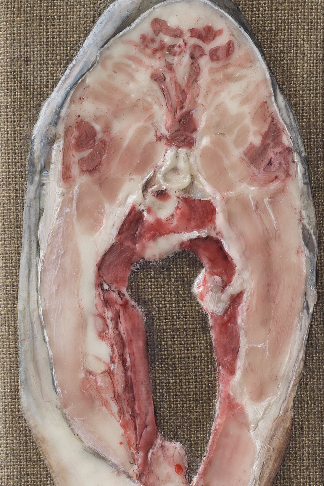 Helene Appel, Carp Slice, 2017, Encaustic and oil on linen 7 x 3 3/4 in. (17.9 x 9.7 cm). © Helene Appel 2017. Courtesy The Approach, London. Photo: FXP photography.

