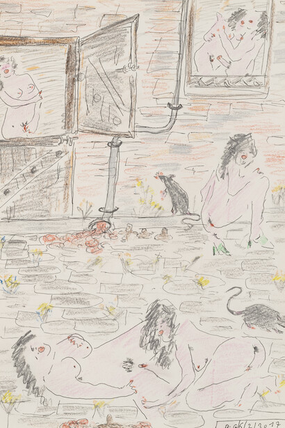 Untitled
2017, aquarel and ink on paper, pencil, ink and coloured pencil on
paper, 29.7 × 21 cm (11 5
⁄8 × 8 1
⁄4 in.)
Courtesy the Estate and Xavier Hufkens, Brussels