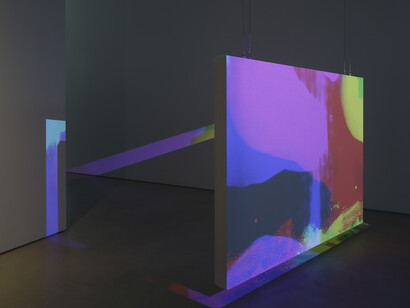 Matt Saunders, Two Worlds, 2016, installation in 2 parts; 2 HD animated films, color and black and white, silent, looped on 2 screens, Installation View, Blum & Poe, Tokyo, 2016, © Matt Saunders, Courtesy of the artist and Blum & Poe, Los Angeles/New York/Tokyo, Photo: Keizo Kioku