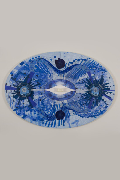 Pedro Barbeito. LHC Blue, 2013. Acrylic and pigment print on canvas, 50 x 72 x 4.5 in.