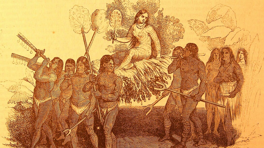 Los «indios» taínos agasajan a la reina Anacaona en un grabado de 1851 para la edición española de la obra «Vida y viajes de Cristóbal Colón»