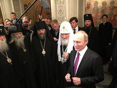 During a visit to the Moscow Sretensky Monastery, Russian President Vladimir Putin with Patriarch Kirill of Moscow and All Rus' and hierarchs of the Russian Orthodox Church Outside of Russia, 2017, Moscow, Russia