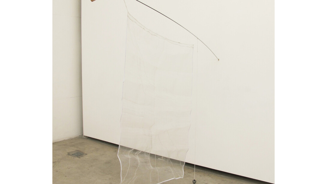 Jaime Lauriano, Pavilhão, 2012, Hammer, nail, embroidered fabric, bob and mason line, 100 x 185 x 120 cm, installation view