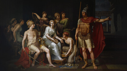 Héctor, príncipe de Troya, se dirige a Paris y Helena