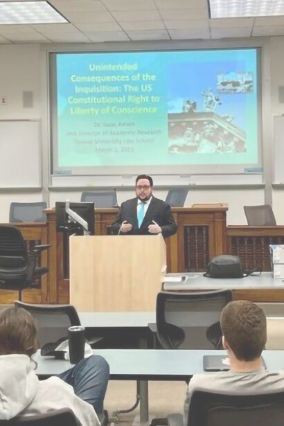 Presenting “Unintended Consequences of the Inquisition: The US Constitutional Right to Liberty of Conscience” to students at Tulane Law School in New Orleans, Louisiana