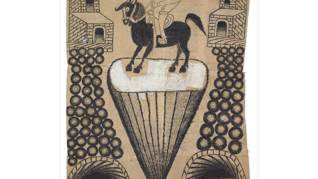 Martin Ramirez, Untitled (Abstracted Landscape with Horse and Rider), c. 1960-63, Gouache and graphite on pieced paper, 24 x 19 in; 61 x 48 cm