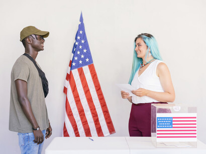 Two voters discussing the upcoming elections in the United States