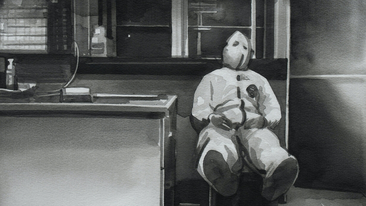 Radenko Milak
A medical worker rests in Wuhan, China, February 27, 2020
watercolor on paper
25 x 35 cm
Courtesy KOENIG2 by_ robbygreif, Vienna and the artist