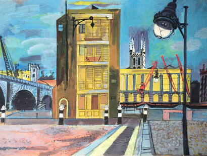 Roland Collins (b.1918), London Bridge & St. Saviours after the Blitz, gouache, 37 x 53 cm. From Michael Parkin Fine Art
