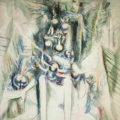 Wifredo Lam ( Cuba 1902-1982), detail of Hermes Trismegiste, 1945, Oil on canvas, 63 x 50 In. 160 x 127 Cm. Signed and dated lower right.