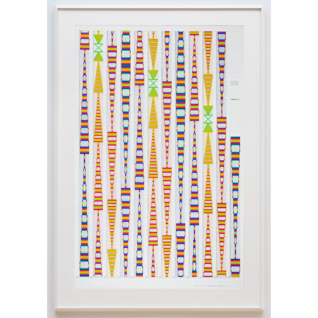 Channa Horwitz, Sonakinatography Composition Sixteen, 1991, Plaka and ink on Mylar, framed, 169,1 x 118,2 x 5 cm © photo Robert Wedemeyer, Courtesy Estate of Channa Horwitz and Air de Paris, Paris

