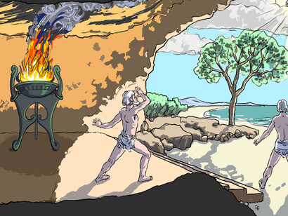 Platón, Alegoría de la Caverna, un prisionero logra salvarse y al salir sus ojos son lastimados por la luz del sol