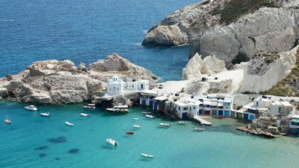A bird's eye view of the Milos Island in the Aegean sea, symbolizing the transformation of Milos into an increasingly sophisticated island escape