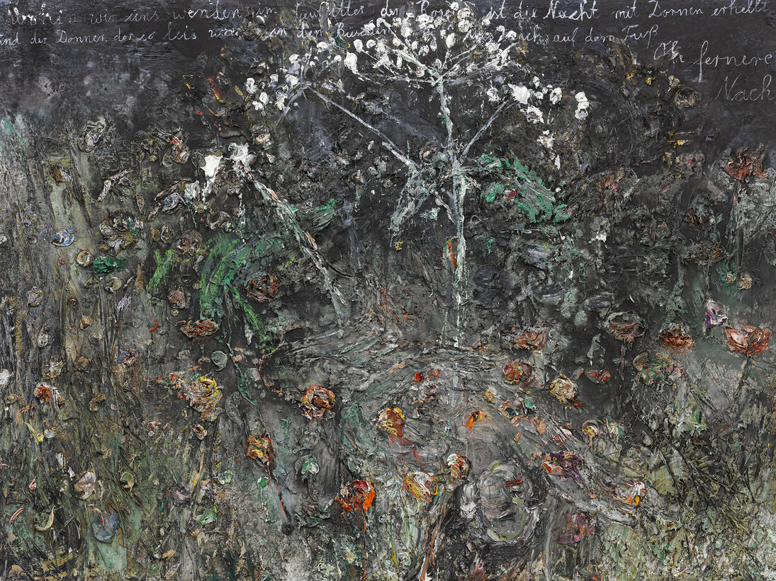 Anselm Kiefer, wohin wir uns wenden im Gewitter der Rosen, 2014, Acrylic, emulsion, oil, shellac, chalk and sediment of electrolysis on photograph mounted on canvas, 280 x 380 cm (110,24 x 149,61 in), Courtesy Galerie Thaddaeus Ropac, Paris/Salzburg © Anselm Kiefer, Photo: Ulrich Ghezzi