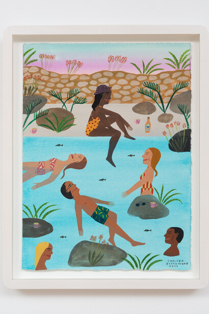 Chelsea Ryoko Wong, Floating in the Hot Springs, 2023. Watercolor and gouache on paper, Framed, 13 x 10 x 1 1/2 inches / 33 x 25.4 x 3.8 cm. Courtesy of Jessica Silverman Gallery